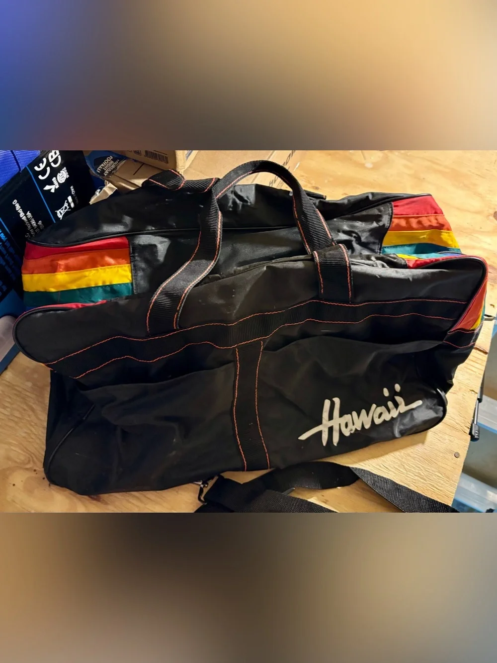 Vintage Hawaii Black Duffel Bag with Rainbow Accents